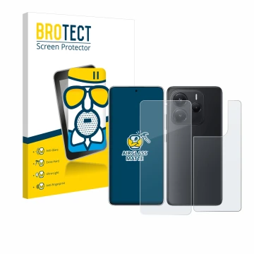 Front side of a product packaging with the brand logo BROTECT. Next to it is the device Xiaomi Redmi Note 14 (Front+Back) show