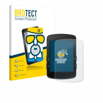 Front side of a product packaging with the brand logo BROTECT. Next to it is the device Bryton Rider S510 shown with the corre