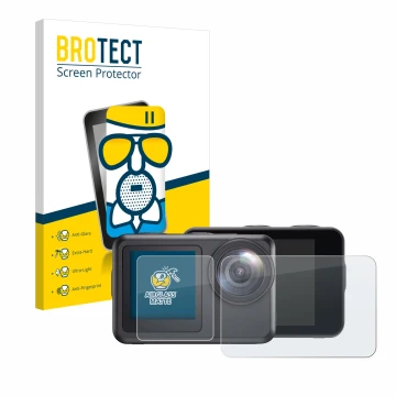 Front side of a product packaging with the brand logo BROTECT. Next to it is the device Akaso Brave 7 LE shown with the corres