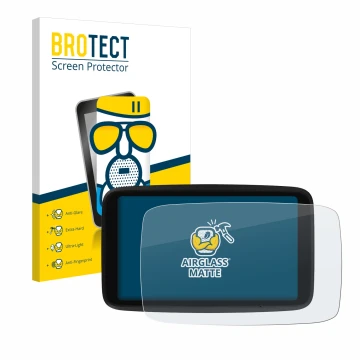 Front side of a product packaging with the brand logo BROTECT. Next to it is the device TomTom GO Advanced shown with the corr