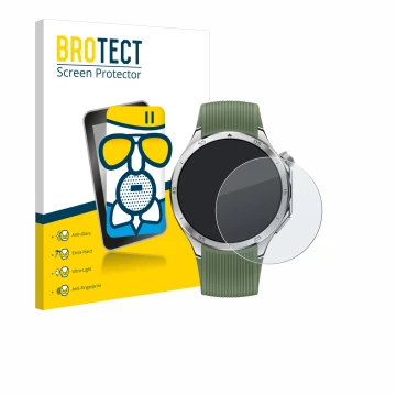 Front side of a product packaging with the brand logo BROTECT. Next to it is the device OnePlus Watch 3 shown with the corresp