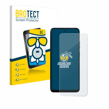 Front side of a product packaging with the brand logo BROTECT. Next to it is the device Motorola Moto G05 shown with the corre