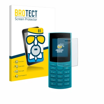 Front side of a product packaging with the brand logo BROTECT. Next to it is the device Nokia 105 4G 2nd Edition shown with th