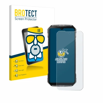 Front side of a product packaging with the brand logo BROTECT. Next to it is the device Doogee S Cyber shown with the correspo