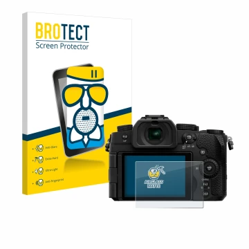 Front side of a product packaging with the brand logo BROTECT. Next to it is the device Panasonic Lumix DC-G97 shown with the 