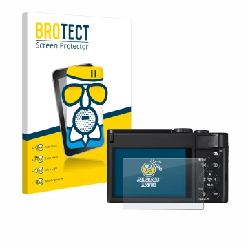 Front side of a product packaging with the brand logo BROTECT. Next to it is the device Panasonic Lumix DC-TZ99 shown with the