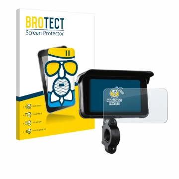 Front side of a product packaging with the brand logo BROTECT. Next to it is the device Midland Bike-Play-Guardian shown with 