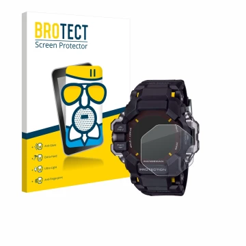Front side of a product packaging with the brand logo BROTECT. Next to it is the device Casio G-Shock GPR-H 1000 shown with th