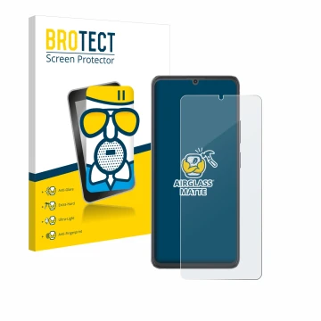Front side of a product packaging with the brand logo BROTECT. Next to it is the device Cubot A20 shown with the corresponding