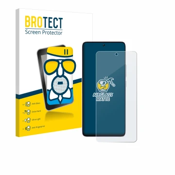 Front side of a product packaging with the brand logo BROTECT. Next to it is the device Xiaomi Poco M7 Pro shown with the corr