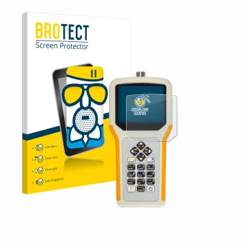 Front side of a product packaging with the brand logo BROTECT. Next to it is the device RigExpert AA-55 Zoom shown with the co