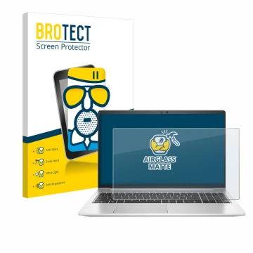 Front side of a product packaging with the brand logo BROTECT. Next to it is the device HP EliteBook 650 G10 shown with the co