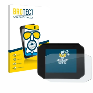 Front side of a product packaging with the brand logo BROTECT. Next to it is the device Moto Guzzi Stelvio 2024 shown with the