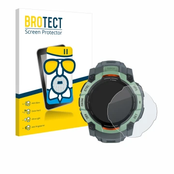Front side of a product packaging with the brand logo BROTECT. Next to it is the device Garmin Instinct 3 AMOLED (50 mm) shown