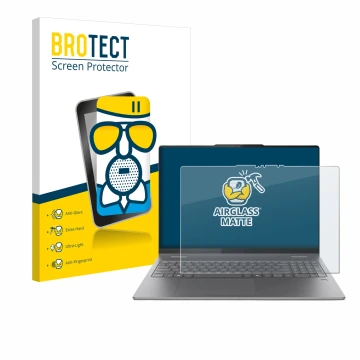 Front side of a product packaging with the brand logo BROTECT. Next to it is the device Lenovo Yoga 7 2-in-1 Gen 10 16