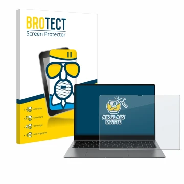 Front side of a product packaging with the brand logo BROTECT. Next to it is the device Samsung Galaxy Book5 Pro 16