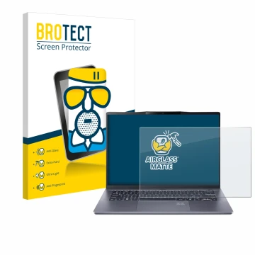 Front side of a product packaging with the brand logo BROTECT. Next to it is the device Acer Swift Go 14 AI shown with the cor