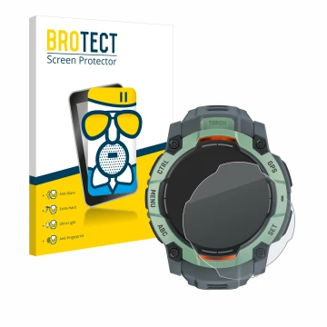 Front side of a product packaging with the brand logo BROTECT. Next to it is the device Garmin Instinct 3 AMOLED (45 mm) shown