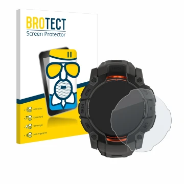 Front side of a product packaging with the brand logo BROTECT. Next to it is the device Garmin Instinct 3 Solar (45 mm) shown 