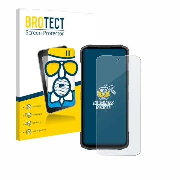 Front side of a product packaging with the brand logo BROTECT. Next to it is the device Doogee Blade 10 Power shown with the c