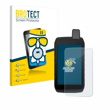 Front side of a product packaging with the brand logo BROTECT. Next to it is the device Garmin Montana 710 shown with the corr