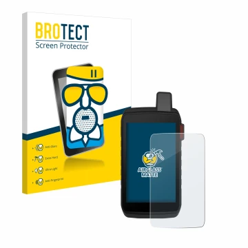 Front side of a product packaging with the brand logo BROTECT. Next to it is the device Garmin Montana 710i shown with the cor