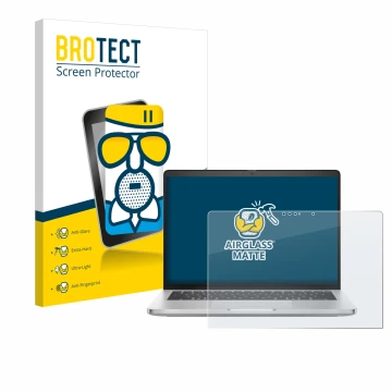 Front side of a product packaging with the brand logo BROTECT. Next to it is the device Dell Pro 14 Plus 2-in-1 PB14250 shown 