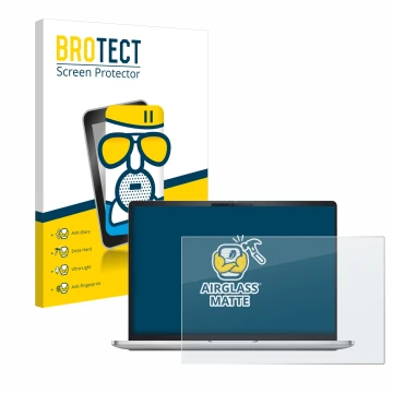 Front side of a product packaging with the brand logo BROTECT. Next to it is the device Dell Pro 16 Plus PB16250 shown with th