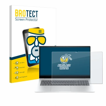Front side of a product packaging with the brand logo BROTECT. Next to it is the device HP Envy 17-da0777ng shown with the cor