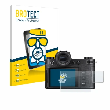 Front side of a product packaging with the brand logo BROTECT. Next to it is the device Leica SL3-S (Display + top plate displ