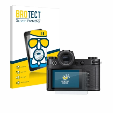 Front side of a product packaging with the brand logo BROTECT. Next to it is the device Leica SL3-S shown with the correspondi