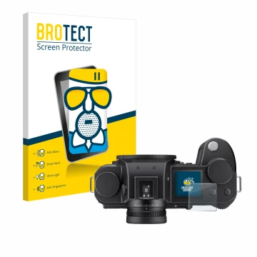 Front side of a product packaging with the brand logo BROTECT. Next to it is the device Leica SL3-S (top plate display) shown 
