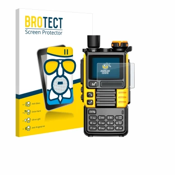 Front side of a product packaging with the brand logo BROTECT. Next to it is the device Quansheng UV-K5 (99) shown with the co