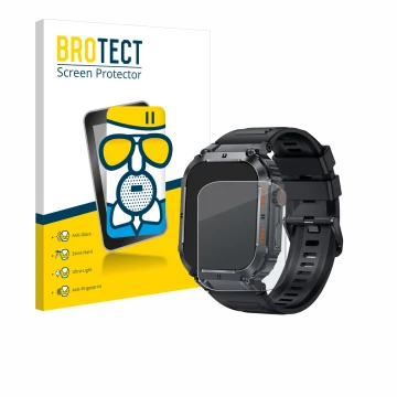 Front side of a product packaging with the brand logo BROTECT. Next to it is the device bedee Smartwatch 1.96