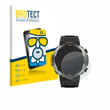 Front side of a product packaging with the brand logo BROTECT. Next to it is the device Blackview W50 Pro 1.45