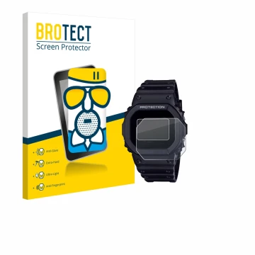 Front side of a product packaging with the brand logo BROTECT. Next to it is the device Casio G-Shock DW-5600RL-1 shown with t