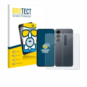 Front side of a product packaging with the brand logo BROTECT. Next to it is the device Samsung Galaxy S25 (Front+Back) shown 