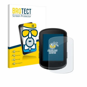 Front side of a product packaging with the brand logo BROTECT. Next to it is the device Garmin Edge 540 Solar shown with the c