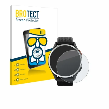 Front side of a product packaging with the brand logo BROTECT. Next to it is the device Garmin Approach S44 shown with the cor