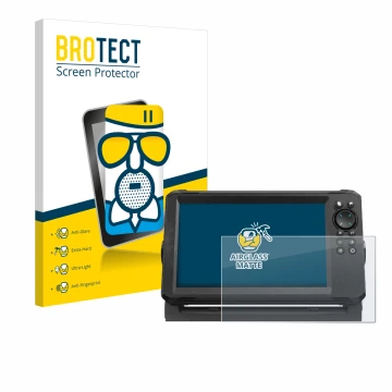 Front side of a product packaging with the brand logo BROTECT. Next to it is the device Lowrance Eagle 9 shown with the corres