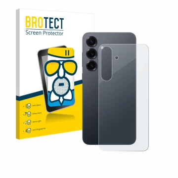 Front side of a product packaging with the brand logo BROTECT. Next to it is the device Samsung Galaxy S25 Plus (Back) shown w