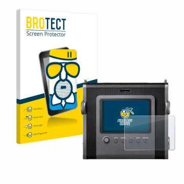 Front side of a product packaging with the brand logo BROTECT. Next to it is the device Fujifilm Instax Wide Evo shown with th