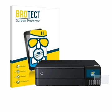 Front side of a product packaging with the brand logo BROTECT. Next to it is the device Epson EcoTank ET-8550 shown with the c