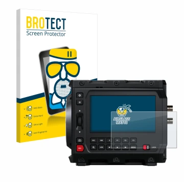 Front side of a product packaging with the brand logo BROTECT. Next to it is the device Blackmagic Design Pyxis 6K 4