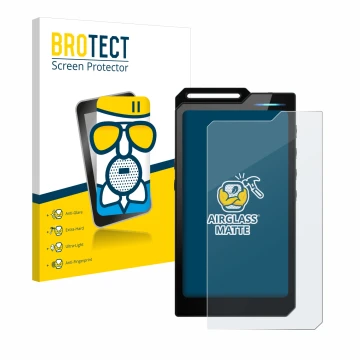 Front side of a product packaging with the brand logo BROTECT. Next to it is the device Hiby R4 shown with the corresponding s