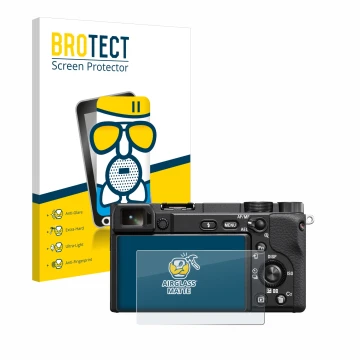 Front side of a product packaging with the brand logo BROTECT. Next to it is the device Sony Alpha 6100A shown with the corres