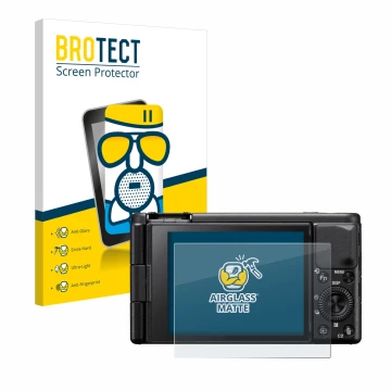 Front side of a product packaging with the brand logo BROTECT. Next to it is the device Sony ZV-1A shown with the correspondin