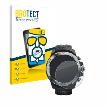 Front side of a product packaging with the brand logo BROTECT. Next to it is the device Xiaomi Mibro GS Explorer shown with th