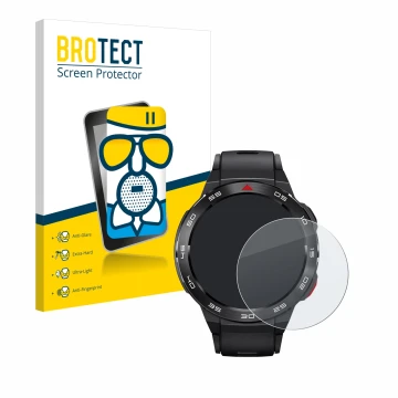 Front side of a product packaging with the brand logo BROTECT. Next to it is the device Xiaomi Mibro GS Pro shown with the cor