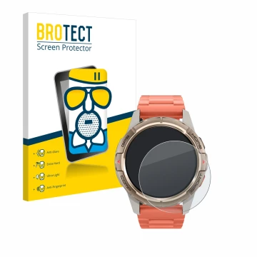 Front side of a product packaging with the brand logo BROTECT. Next to it is the device Xiaomi Mibro GS Active shown with the 